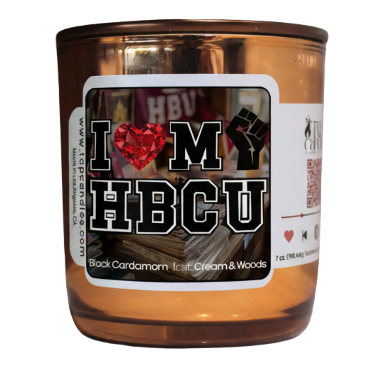 Candle with a label reading 'I ❤️ M Y HBCU' on a white background