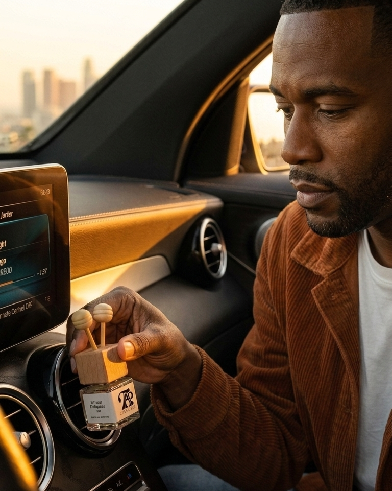 Man sitting in a car holding a car diffuser with a cityscape in the background