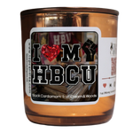 Candle with a label reading 'I ❤️ M Y HBCU' on a white background