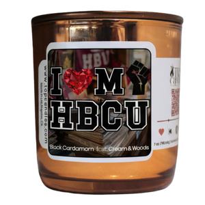 Candle with a label reading 'I ❤️ M Y HBCU' on a white background