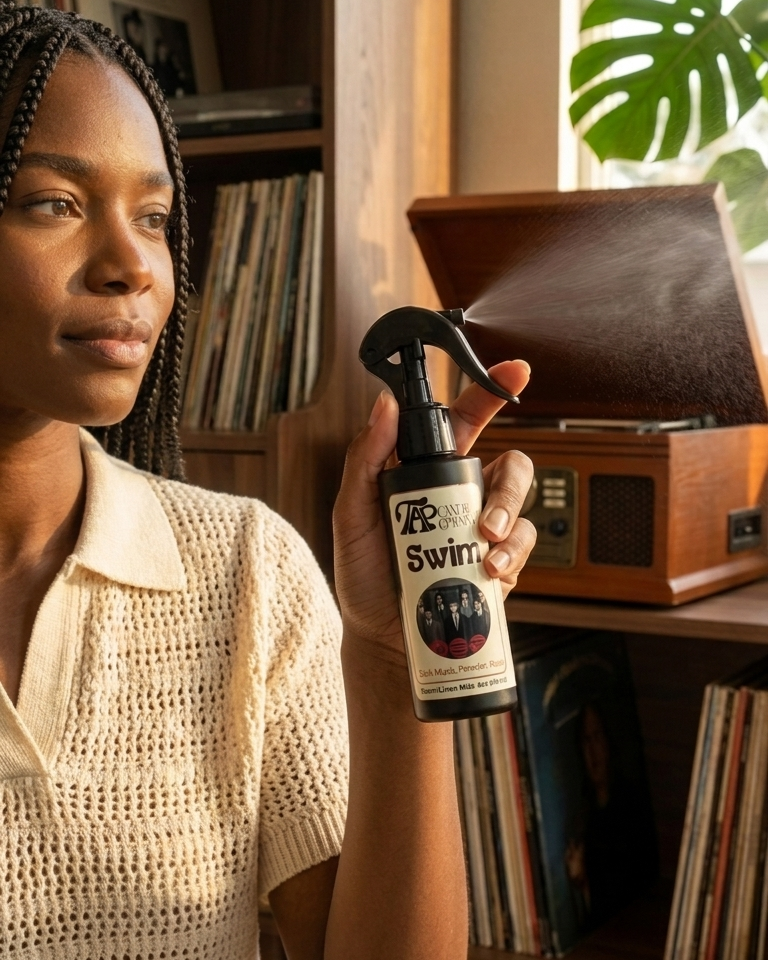 Woman holding a spray bottle labeled Swim in a room with a record player and books.