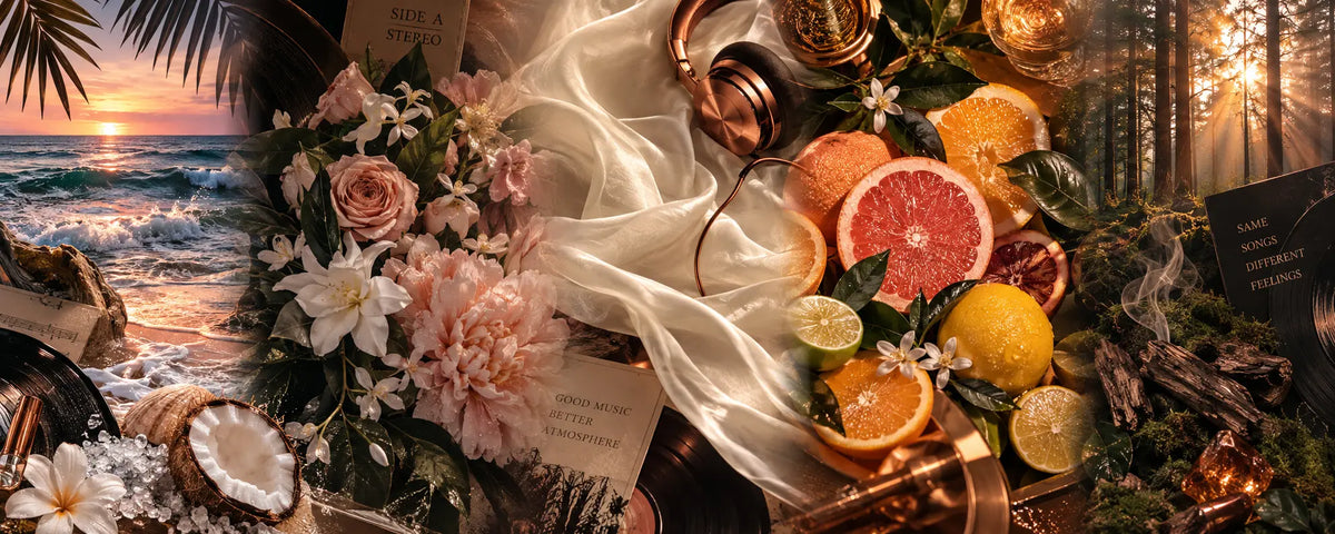 Luxury scent collection collage blending an ocean sunset, lush florals, ivory silk, vibrant citrus and a sunlit forest with copper headphones and vintage music details.